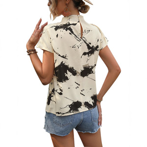 Women's Abstract Print <b>Blouse</b> Mock Neck Short Sleeve Top Elegant <b>Satin</b> Casual t-shirt Loose Fit Summer Tunic for Daily - Product Image 5