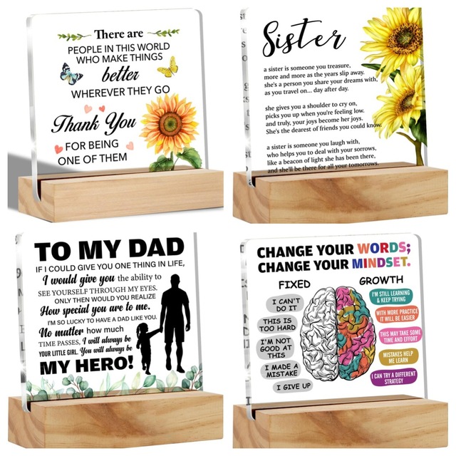 Clear Acrylic Square Plaque Encouragement Thank You Gift Table Decor Positive Mental Health Reminders Block with Wooden Base