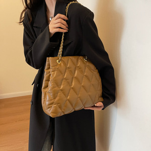 Quilted Chain Shoulder Bag Coffee Color Magnetic Buckle Everyday Use Fall 2023 Fashion Women's Horizontal Square Style - Product Image 3