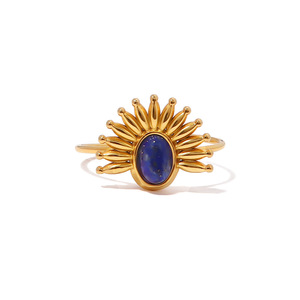 Bague en acier inoxydable plaqué or en forme de fleur avec incrustation de lapis-lazuli pour femme, bijou cadeau - Product Image 5