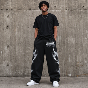 Pantalones Deportivos Anchos de Alta Calidad, 100% Algodón, Estampado Tribal de Llamas Plateadas sobre Negro, Estilo Y2K, Cintura Elástica, Ropa Casual Urbana - Product Image 2