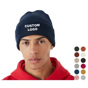 Grosir Beanie kustom topi Beanie rajut mode Logo bordir Anda sendiri akrilik 100% topi musim dingin kustom