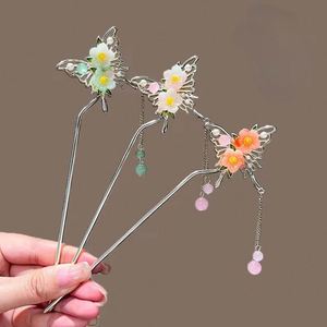 Épingle à cheveux style chinois, épingle à chignon Hanfu, bijou en métal, bâtonnet à cheveux vintage, fleur, papillon, pompon, épingles à cheveux, bijoux Hanfu - Product Image 1