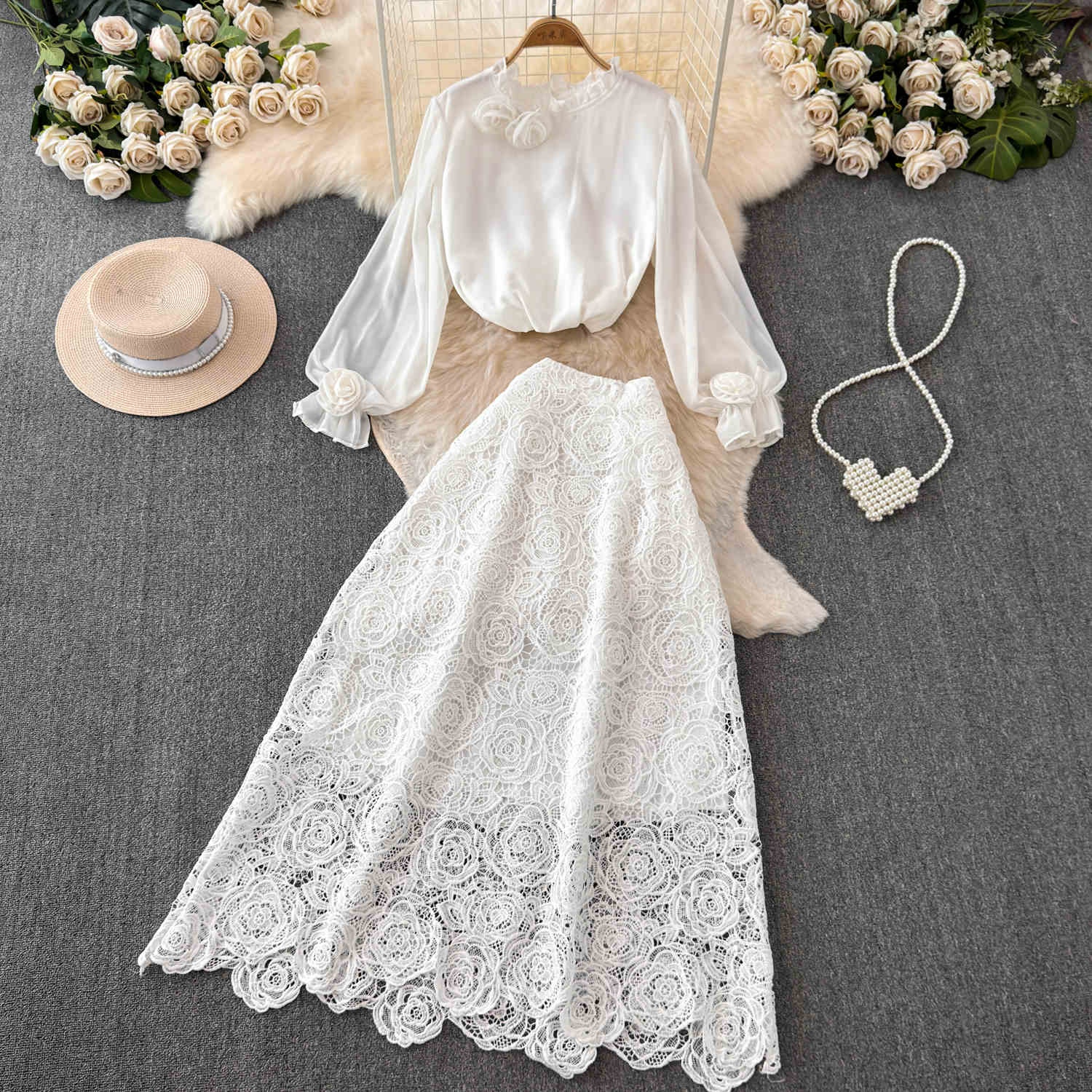 Two Piece Set Women Clothing Flowers Solid Flare Long Sleeve Blouse Retro Hook Flower Lace Skirts| Alibaba.com Two Piece Set Women Clothing Flowers Solid Flare Long Sleeve Blouse Retro Hook Flower Lace Skirts| Alibaba.com
