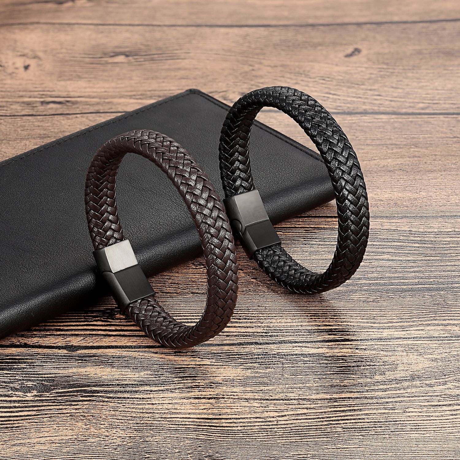 Bracelet homme femme en acier inoxydable et cuir noir et bleu 19/21/23