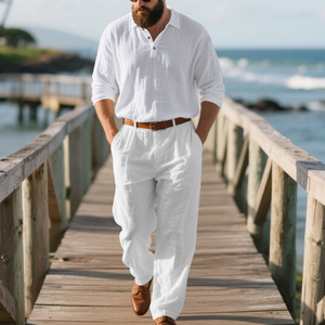 Autunno Casual per il tempo libero quotidiano da <span class=keywords><strong>uomo</strong></span> a maniche lunghe camicia <span class=keywords><strong>e</strong></span> <span class=keywords><strong>pantaloni</strong></span> due pezzi completi <span class=keywords><strong>di</strong></span> <span class=keywords><strong>lino</strong></span> <span class=keywords><strong>di</strong></span> alta qualità - Product Image 5