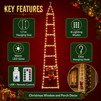 Lumières de Noël en forme de père Noël grimpant sur une échelle, avec une longueur de suspension de 1,7 m, télécommande USB et éclairage LED chaud