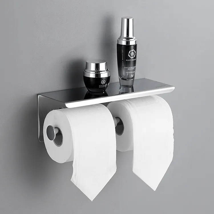 Moderne SUS304 en argent en acier inoxydable montage mural double hygiénique rouleau de papier de toilette avec étagère