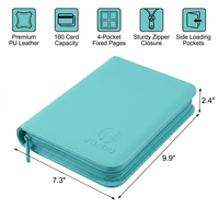Porte-cartes Premium en cuir PU lisse bleu sarcelle à 4 pochettes, finition unie, avec fermeture éclair, pour cartes de sport, TCG, MTG