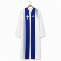 Weiße Chorrobe für Erwachsene, Langes Unisex-Zeremonienkleid mit Königsblauen Einsätzen, Weißer Lateinischer Kreuz-Stickerei und V-Ausschnitt