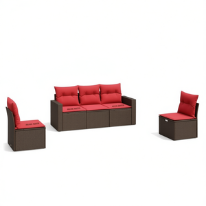 ชุดโซฟาหวายเทียมสีน้ำตาล 5 ชิ้น เฟอร์นิเจอร์กลางแจ้ง ดีไซน์ทันสมัย ทนทาน เหมาะสำหรับนั่งพักผ่อนในสวน - Product Image 1