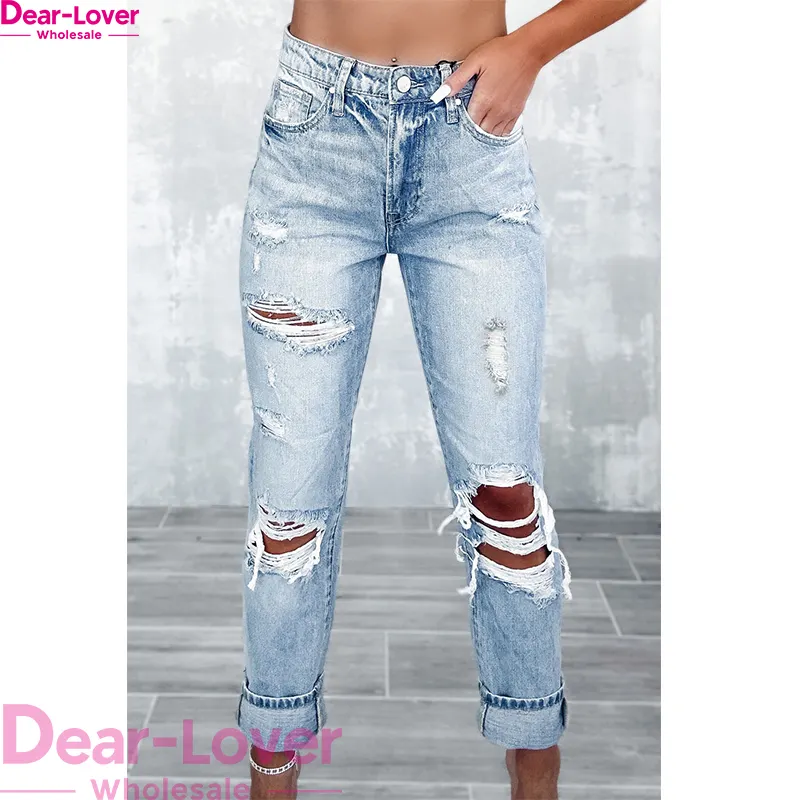 Dear-lover New Arrive Casual Sky Blue High Waist Distressed Skinny Denim Jeans for Women