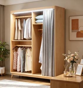 Armoire en bois moderne avec porte coulissante en tissu, grande capacité de rangement pour vêtements, style scandinave pour chambre à coucher - Product Image 4
