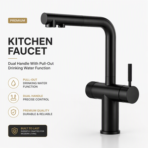 <strong>Matte</strong> <strong>Black</strong> Kitchen Faucet 3 Way <strong>Pull</strong> Out Drinking Water Filter Tap Dual Handle Sink Mixer with Sprayer - Product Image 1