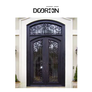 Cheap Security Exterior Front Double Entry Black Front Entrance Wrought Solid Iron Glass Door For House