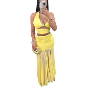 Penjualan terlaris musim panas wanita tanpa lengan Deep V leher Hollow Out Crop Top jala tembus pandang rok panjang wanita dua potong Set rok - Product Image 5