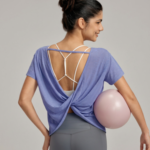 Wholesale Women's Twist <b>Back</b> Cut Out Yoga <b>Top</b> Short Sleeve Loose Fit Workout Cover Up Breathable Pilates Athletic T Shirt - Product Image 1