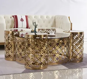 가장 좋은 피드백 FurnitureLuxury 이탈리아 스타일 유리 탑 금속 프레임 브라운 맞춤형 라운드 티 테이블 커피 테이블 세트