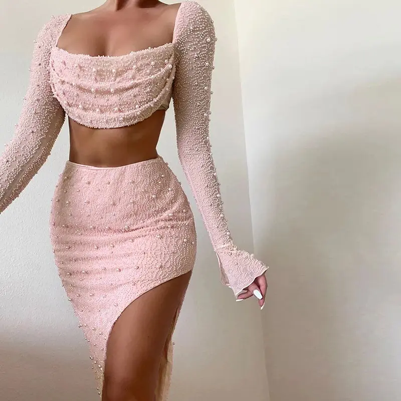 Pearl Sexy Dress Sets Women Square Collar Full Sleeve And Split Skirt Matching Sets Female Club Party Two Piece Set 2282