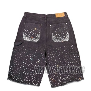 Custom Streetwear Fashion Crystal Rhinestone Baggy Vintage <b>Jeans</b> Shorts Men <b>Raw</b> Edge <b>Hem</b> Rhinestone Denim Shorts - Product Image 6