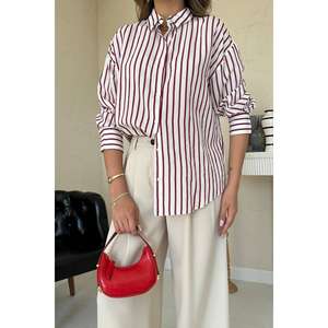 Camisa de Popelina a Rayas Borgoña para Mujer, Estilo Casual para el Día a Día - Product Image 1