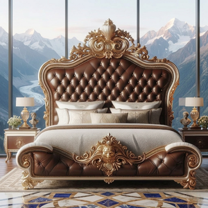 Lit capitonné à boutons au design unique avec cadre en bois gravé classique, meubles de chambre à coucher de style antique - Product Image 3