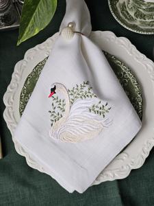 Mantel Individual Bordado de Lino <span class=keywords><strong>Blanco</strong></span> <span class=keywords><strong>Cisne</strong></span>, Apto para Restaurantes y Bodas, Clásico Cuadrado, 100% Lino - Product Image 1