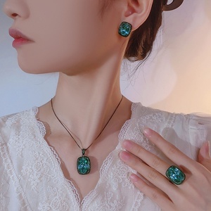 Fashion Jewelry Eco-friendly Copper Black Gold Plated 13*18MM Paraiba <b>Emerald</b> Green Zircon Pendant Necklace Earrings Set - Product Image 6