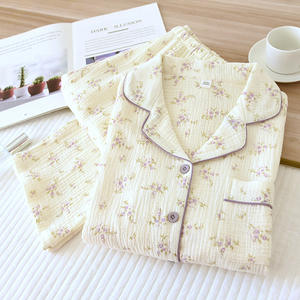 Dames katoenen mousseline pyjamaset, lange mouwen, knoopshirt en broek, <span class=keywords><strong>2</strong></span>-delig, schattig bedrukt pyjama, RUS Hot Sale, designer custom OEM - Product Image 1
