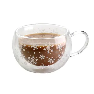 Taza de café con calcomanías de copos de nieve para niña, taza de leche con mango resistente al calor, vaso de vidrio de doble pared, estilo minimalista