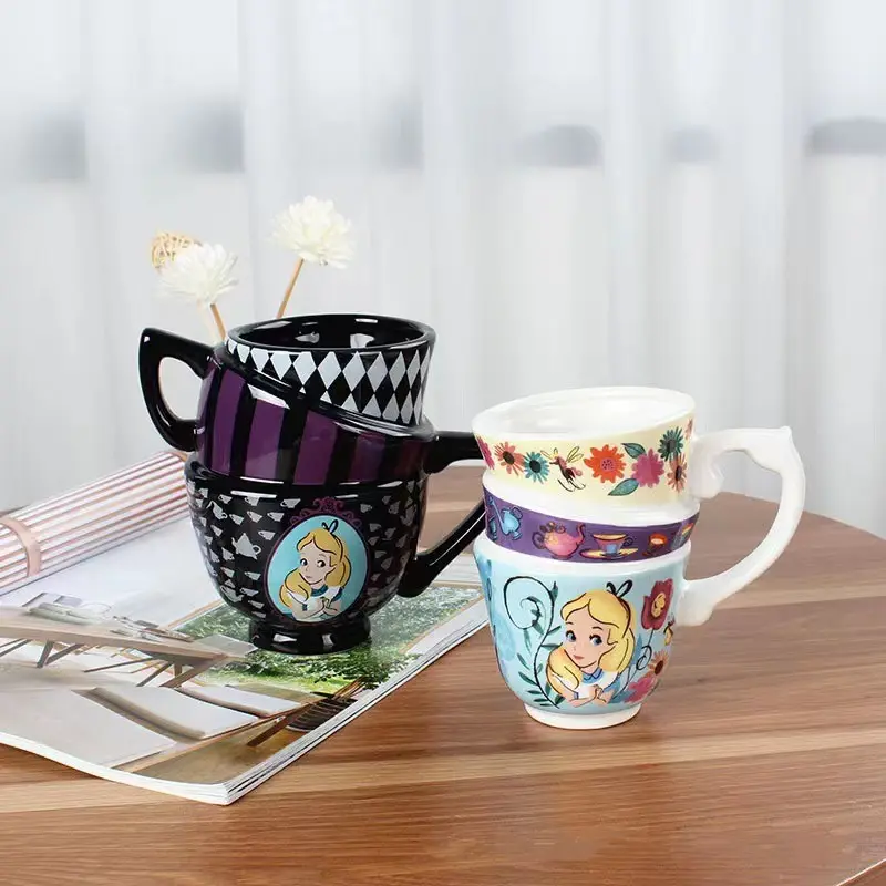 Ambr cangkir keramik 3D Tumpuk, cangkir teh kopi tiga dalam satu dapat dilipat kreatif Alice Mug 3D