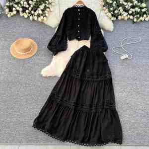 Winter Casual 2-Piece Set Women Lantern Sleeve Crop <b>Top</b> High Waist Patchwork Lace Woven Breathable Anti-wrinkle Skirts Wholesale - Product Image 2