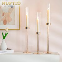 Nouveau Bougeoir Cylindrique Haut en Verre Hurricane, Noir et Or, Style Antique, pour Bougies Coniques, Idéal pour Mariage Romantique