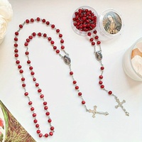 12pcs Catholique Vierge Marie Guadalupe Chapelet Perles En Bois Croix Collier Rouge Avec Boîte En Plastique pour Eucharistie Prière Premier Baptême