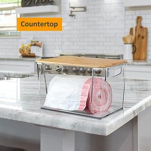 Dispenser Kantong Sampah <span class=keywords><strong>2</strong></span> in 1, Tempat Penyimpanan Kantong Sampah 13 Galon, Organizer Kantong Sampah di Bawah Wastafel, Pemasangan di Dinding Bamb - Product Image 5