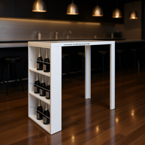 Table de bar en MDF blanc avec porte-bouteilles, design moderne brillant, mobilier de bar élégant, usage commercial - Product Image 2