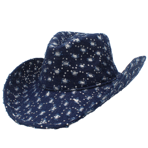 European American Style Vintage <b>Western</b> Cowboy <b>Hat</b> Glitter Fashionable Denim Distressed Casual Jazz Top Curved Brim Unisex Four - Product Image 1