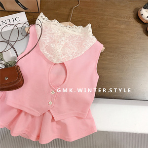 Conjunto de Ropa Casual de Verano para Niñas, Top sin Mangas con Cuello de Encaje y Falda con Volantes - Product Image 2