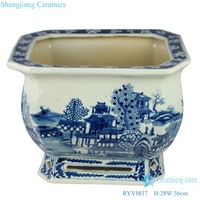RYLU167--B-D Pot de fleurs en céramique peint à la main avec motif de dragon bleu et blanc chinois, pot de jardin
