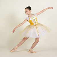 Costume de tutu en velours jaune à lacets floraux, manches courtes, jupe en tulle blanc, robe de danse classique pour enfants, robe de performance pour concours