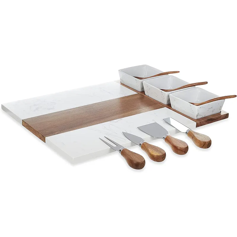 Set of 11pcs Acacia Wood and Marble Cutting Serving Board with Knife Set and Ceramics Rectangular Cheese Serving Plate Marble