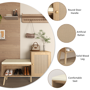 2-in-1 PP <strong>Rattan</strong> Shoe <strong>Storage</strong> <strong>Bench</strong> with 2 Adjustable Shelves &amp; Removable Seat Cushion-Modern Entryway/Hallway Bedroom Organizer - Product Image 2
