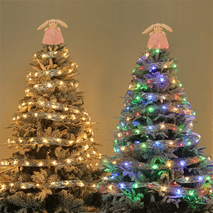 크리스마스 리본 조명 방수 LED 요정 빛나는 문자열 DIY 크리스마스 트리 글로우 장식품 홈 새해 파티 장식 공예