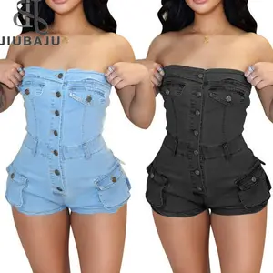 Seksi kolsuz düğme askısız cep yan kargo Denim streç tulum Jean kısa tulum kadınlar