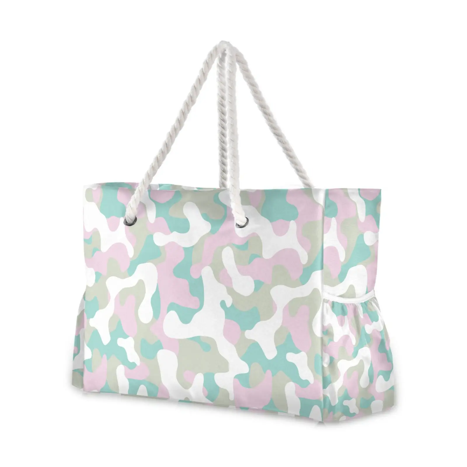 Colorful Camo Print Summer Reusable Waterproof Shopping Tote Beach Bag With Rope