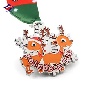 Longzhiyu Custom Soft Enamel Metal Christmas Double Reindeer Shaped Medal Medallion With Ribbon