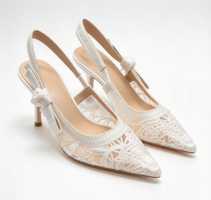 Escarpins de mariée pour femme en tissu floqué, à double bride, à talon carré, à bout ouvert, avec talon compensé en PU et caoutchouc de 6,6 cm, à enfiler, style slingback en tissu - Product Image 4