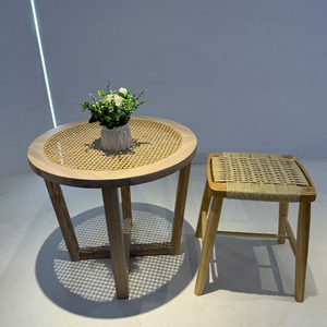 Tavolino da Caffè in Rattan Intrecciato Stile Retrò Americano con Piano in Legno Massello e Struttura in Legno, Piccolo Arredo per Soggiorno - Product Image 3