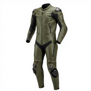 Traje de Motociclismo de Cuero Verde Oliva y Negro para Hombre, Resistente al Viento, con Bloques de Color y Protección - Product Image 4