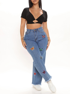 Jeans de Mezclilla Bordados Personalizados con Bajo MOQ de Alta Calidad para Mujer, Corte Holgado, Pierna Recta y Talla Grande - Product Image 3